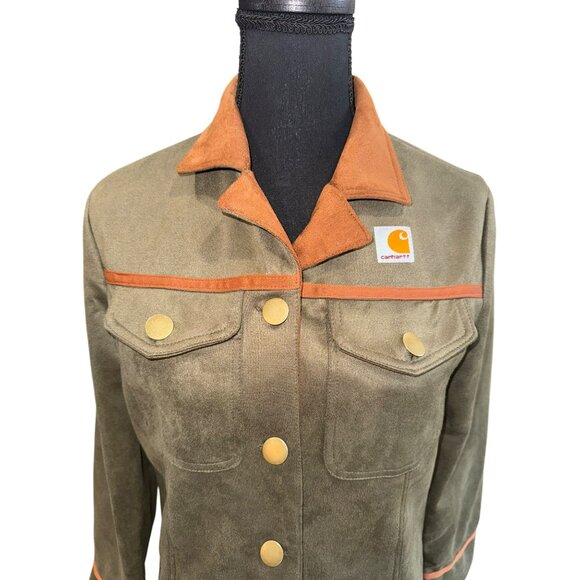 Carhartt Womens Olive Brown Overshirt Chore Jacket Gold Buttons Utility Casual M - Picture 2 of 13